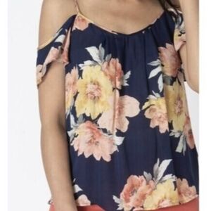 Joie Women's Small Adorlee 100% Silk Cold Shoulder Navy Blue Pink Floral Blouse